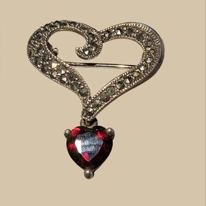 Vintage Crystal And Marcasite Heart Brooch In Sterling Silver